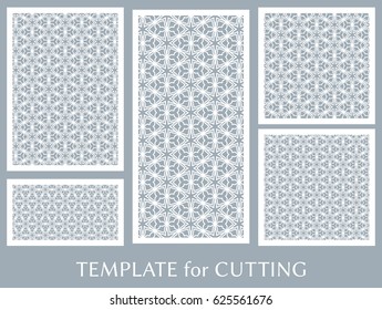 Decorative panels set for laser cutting. Geometric ornament for wedding invitation, envelope, greeting or business cards, Template for paper cut, printing, engraving wood, metal. Stencil manufacturing