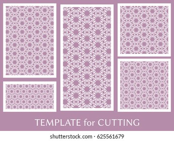 Decorative panels set for laser cutting. Geometric ornament for wedding invitation, envelope, greeting or business cards, Template for paper cut, printing, engraving wood, metal. Stencil manufacturing