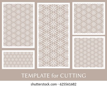 Decorative panels set for laser cutting. Geometric ornament for wedding invitation, envelope, greeting or business cards, Template for paper cut, printing, engraving wood, metal. Stencil manufacturing