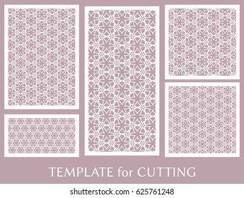 Decorative panels set for laser cutting. Geometric ornament for wedding invitation, envelope, greeting or business cards, Template for paper cut, printing, engraving wood, metal. Stencil manufacturing