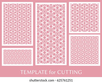 Decorative panels set for laser cutting. Geometric ornament for wedding invitation, envelope, greeting or business cards, Template for paper cut, printing, engraving wood, metal. Stencil manufacturing
