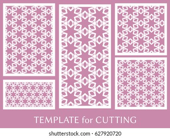 Decorative panels set for laser cutting. Geometric ornament for wedding invitation, envelope, greeting or business cards, Template for paper cut, printing, engraving wood, metal. Stencil manufacturing