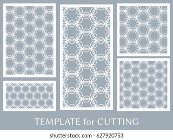Decorative panels set for laser cutting. Geometric ornament for wedding invitation, envelope, greeting or business cards, Template for paper cut, printing, engraving wood, metal. Stencil manufacturing