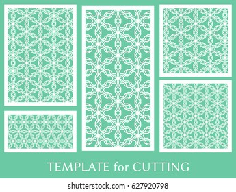Decorative panels set for laser cutting. Geometric ornament for wedding invitation, envelope, greeting or business cards, Template for paper cut, printing, engraving wood, metal. Stencil manufacturing