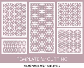 Decorative panels set for laser cutting. Geometric ornament for wedding invitation, envelope, greeting or business cards, Template for paper cut, printing, engraving wood, metal. Stencil manufacturing