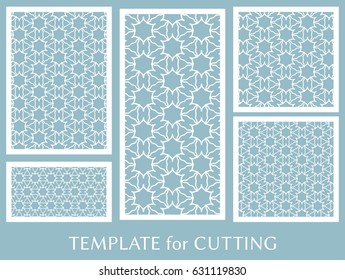 Decorative panels set for laser cutting. Geometric ornament for wedding invitation, envelope, greeting or business cards, Template for paper cut, printing, engraving wood, metal. Stencil manufacturing
