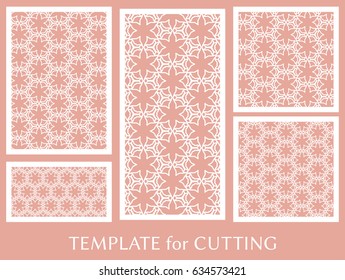 Decorative panels set for laser cutting. Geometric ornament for wedding invitation, envelope, greeting or business cards, Template for paper cut, printing, engraving wood, metal. Stencil manufacturing