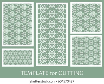 Decorative panels set for laser cutting. Geometric ornament for wedding invitation, envelope, greeting or business cards, Template for paper cut, printing, engraving wood, metal. Stencil manufacturing
