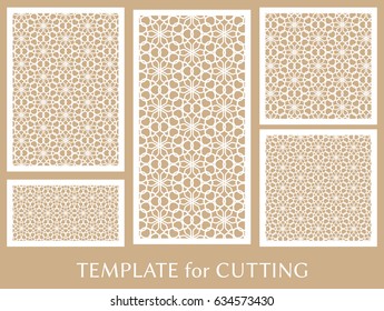 Decorative panels set for laser cutting. Geometric ornament for wedding invitation, envelope, greeting or business cards, Template for paper cut, printing, engraving wood, metal. Stencil manufacturing