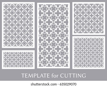 Decorative panels set for laser cutting. Geometric ornament for wedding invitation, envelope, greeting or business cards, Template for paper cut, printing, engraving wood, metal. Stencil manufacturing