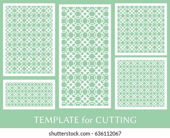 Decorative panels set for laser cutting. Geometric ornament for wedding invitation, envelope, greeting or business cards, Template for paper cut, printing, engraving wood, metal. Stencil manufacturing