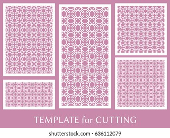 Decorative panels set for laser cutting. Geometric ornament for wedding invitation, envelope, greeting or business cards, Template for paper cut, printing, engraving wood, metal. Stencil manufacturing
