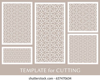 Decorative panels set for laser cutting. Geometric ornament for wedding invitation, envelope, greeting or business cards, Template for paper cut, printing, engraving wood, metal. Stencil manufacturing