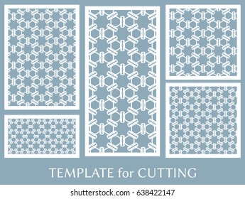 Decorative panels set for laser cutting. Geometric ornament for wedding invitation, envelope, greeting or business cards, Template for paper cut, printing, engraving wood, metal. Stencil manufacturing