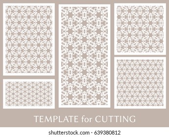 Decorative panels set for laser cutting. Geometric ornament for wedding invitation, envelope, greeting or business cards, Template for paper cut, printing, engraving wood, metal. Stencil manufacturing