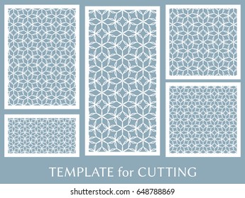 Decorative panels set for laser cutting. Geometric ornament for wedding invitation, envelope, greeting or business cards, Template for paper cut, printing, engraving wood, metal. Stencil manufacturing