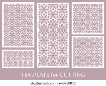 Decorative panels set for laser cutting. Geometric ornament for wedding invitation, envelope, greeting or business cards, Template for paper cut, printing, engraving wood, metal. Stencil manufacturing