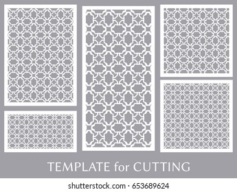 Decorative panels set for laser cutting. Geometric ornament for wedding invitation, envelope, greeting or business cards, Template for paper cut, printing, engraving wood, metal. Stencil manufacturing