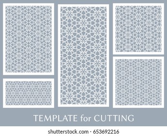 Decorative panels set for laser cutting. Geometric ornament for wedding invitation, envelope, greeting or business cards, Template for paper cut, printing, engraving wood, metal. Stencil manufacturing