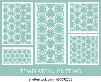 Decorative panels set for laser cutting. Geometric ornament for wedding invitation, envelope, greeting or business cards, Template for paper cut, printing, engraving wood, metal. Stencil manufacturing