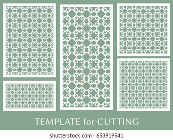 Decorative panels set for laser cutting. Geometric ornament for wedding invitation, envelope, greeting or business cards, Template for paper cut, printing, engraving wood, metal. Stencil manufacturing