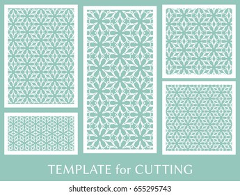 Decorative panels set for laser cutting. Geometric ornament for wedding invitation, envelope, greeting or business cards, Template for paper cut, printing, engraving wood, metal. Stencil manufacturing
