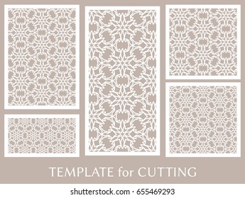 Decorative panels set for laser cutting. Geometric ornament for wedding invitation, envelope, greeting or business cards, Template for paper cut, printing, engraving wood, metal. Stencil manufacturing