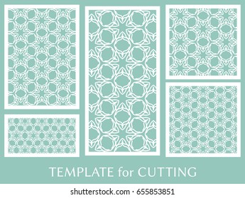 Decorative panels set for laser cutting. Geometric ornament for wedding invitation, envelope, greeting or business cards, Template for paper cut, printing, engraving wood, metal. Stencil manufacturing