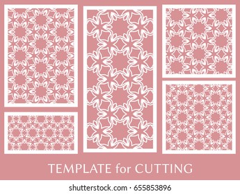 Decorative panels set for laser cutting. Geometric ornament for wedding invitation, envelope, greeting or business cards, Template for paper cut, printing, engraving wood, metal. Stencil manufacturing