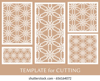 Decorative panels set for laser cutting. Geometric ornament for wedding invitation, envelope, greeting or business cards, Template for paper cut, printing, engraving wood, metal. Stencil manufacturing