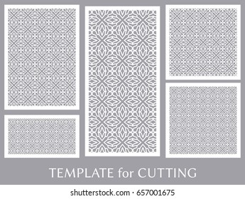 Decorative panels set for laser cutting. Geometric ornament for wedding invitation, envelope, greeting or business cards, Template for paper cut, printing, engraving wood, metal. Stencil manufacturing