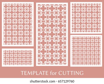 Decorative panels set for laser cutting. Geometric ornament for wedding invitation, envelope, greeting or business cards, Template for paper cut, printing, engraving wood, metal. Stencil manufacturing