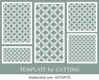 Decorative panels set for laser cutting. Geometric ornament for wedding invitation, envelope, greeting or business cards, Template for paper cut, printing, engraving wood, metal. Stencil manufacturing