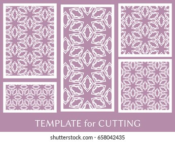 Decorative panels set for laser cutting. Geometric ornament for wedding invitation, envelope, greeting or business cards, Template for paper cut, printing, engraving wood, metal. Stencil manufacturing
