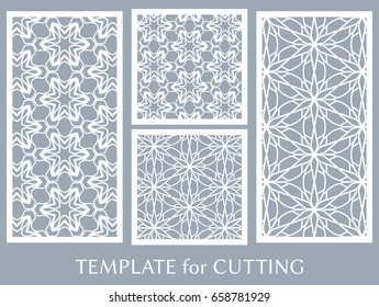 Decorative panels set for laser cutting. Geometric ornament for wedding invitation, envelope, greeting cards, Template for paper cut, printing, engraving wood, metal. Stencil manufacturing