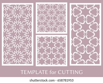 Decorative panels set for laser cutting. Geometric ornament for wedding invitation, envelope, greeting cards, Template for paper cut, printing, engraving wood, metal. Stencil manufacturing