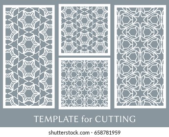Decorative panels set for laser cutting. Geometric ornament for wedding invitation, envelope, greeting cards, Template for paper cut, printing, engraving wood, metal. Stencil manufacturing