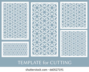 Decorative panels set for laser cutting. Geometric ornament for wedding invitation, envelope, greeting or business cards, Template for paper cut, printing, engraving wood, metal. Stencil manufacturing