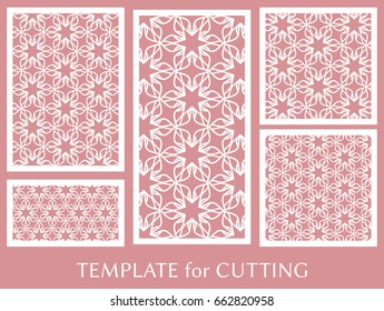 Decorative panels set for laser cutting. Geometric ornament for wedding invitation, envelope, greeting or business cards, Template for paper cut, printing, engraving wood, metal. Stencil manufacturing