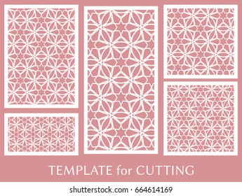 Decorative panels set for laser cutting. Geometric ornament for wedding invitation, envelope, greeting or business cards, Template for paper cut, printing, engraving wood, metal. Stencil manufacturing