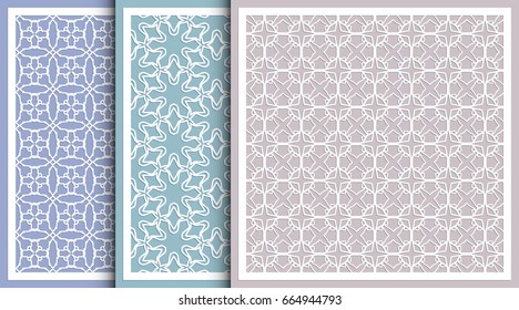 Decorative panels set for laser cutting. Geometric ornament for wedding invitation, envelope, greeting cards, Template for paper cut, printing, engraving wood, metal. Stencil manufacturing