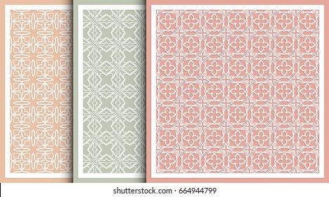 Decorative panels set for laser cutting. Geometric ornament for wedding invitation, envelope, greeting cards, Template for paper cut, printing, engraving wood, metal. Stencil manufacturing