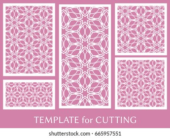 Decorative panels set for laser cutting. Geometric ornament for wedding invitation, envelope, greeting or business cards, Template for paper cut, printing, engraving wood, metal. Stencil manufacturing
