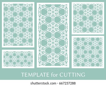 Decorative panels set for laser cutting. Geometric ornament for wedding invitation, envelope, greeting or business cards, Template for paper cut, printing, engraving wood, metal. Stencil manufacturing