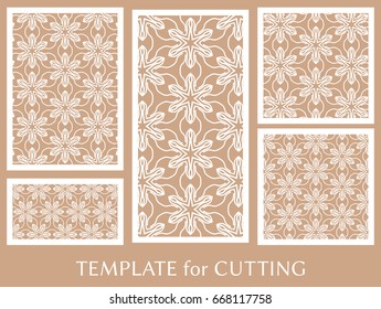 Decorative panels set for laser cutting. Geometric ornament for wedding invitation, envelope, greeting or business cards, Template for paper cut, printing, engraving wood, metal. Stencil manufacturing