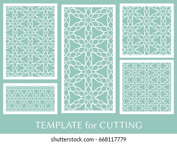 Decorative panels set for laser cutting. Geometric ornament for wedding invitation, envelope, greeting or business cards, Template for paper cut, printing, engraving wood, metal. Stencil manufacturing