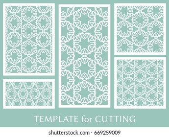 Decorative panels set for laser cutting. Geometric ornament for wedding invitation, envelope, greeting or business cards, Template for paper cut, printing, engraving wood, metal. Stencil manufacturing