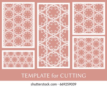 Decorative panels set for laser cutting. Geometric ornament for wedding invitation, envelope, greeting or business cards, Template for paper cut, printing, engraving wood, metal. Stencil manufacturing