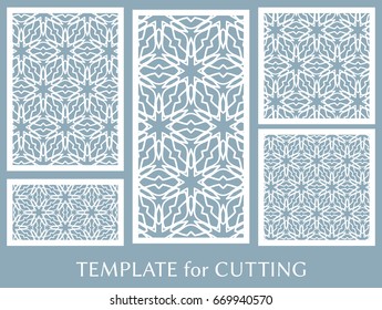 Decorative panels set for laser cutting. Geometric ornament for wedding invitation, envelope, greeting or business cards, Template for paper cut, printing, engraving wood, metal. Stencil manufacturing