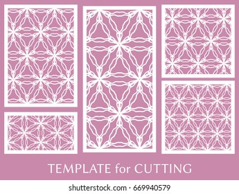 Decorative panels set for laser cutting. Geometric ornament for wedding invitation, envelope, greeting or business cards, Template for paper cut, printing, engraving wood, metal. Stencil manufacturing